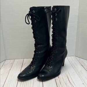 Etienne Aigner lace up calf boots. Side zipper. 3” heel. Leather. EUC. Size 7.5